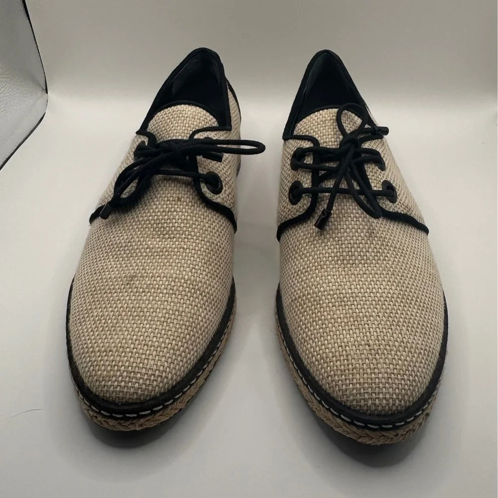Tory Burch Beige Woven Espadrille Oxford Lace Up Flats Black Trim Women's 7.5M
